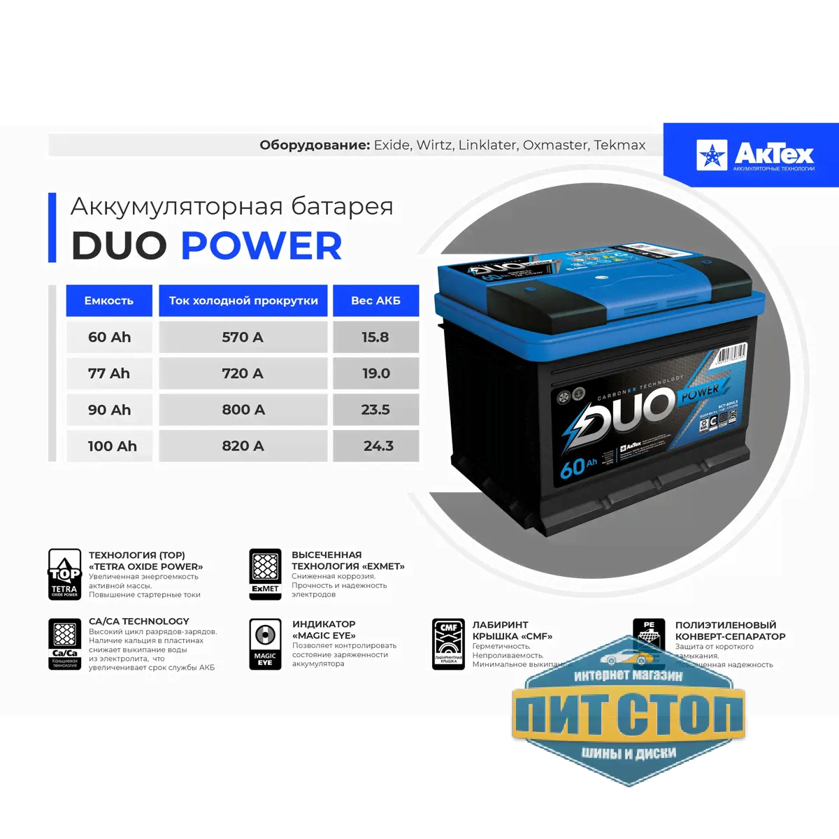 Аккумулятор АКТЕХ 50 Duo power 470A (кубик) п.п. Россия